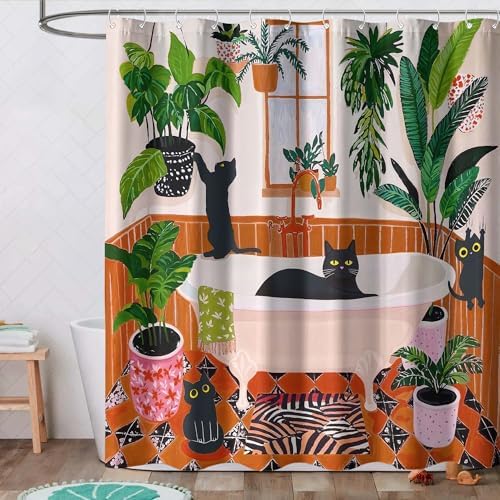 Funny Cat Shower Curtain Boho Cute Fun Black Cats Matisse Shower Curtains for Bathroom Kitten Green Tropical Plant Leaves Beige Brown Red Waterproof Fabric Bath Curtain Decor 72 X 78 Inches