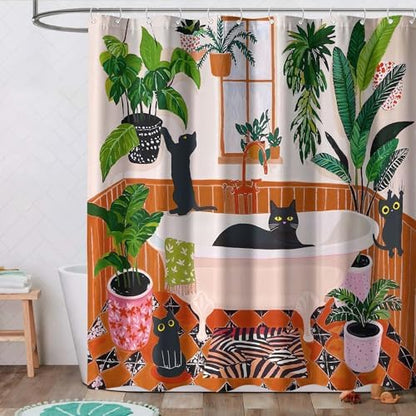 Funny Cat Shower Curtain Boho Cute Fun Black Cats Matisse Shower Curtains for Bathroom Kitten Green Tropical Plant Leaves Beige Brown Red Waterproof Fabric Bath Curtain Decor 72 X 78 Inches