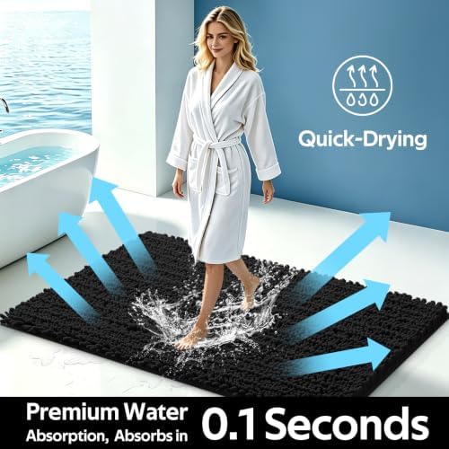 ACCUMTEK Upgrade Luxury 2 Piece Black Toilet Bathroom Rug Mat 48"x20"+24"x17", Ultra Soft Thick Absorbent Bath Mats, Non Slip Chenille Toilet Mat for Bathroom, Bedroom, Kitchen, Shower, Tub