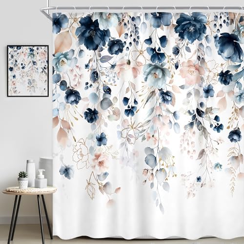Blue Pink Floral Extra Long Rustic Bathroom Shower Curtain Set