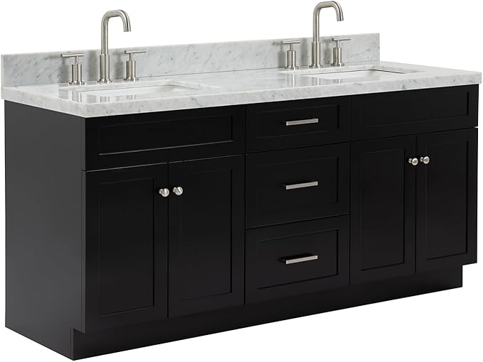 ARIEL Hamlet 72-inch Bathroom Vanity with Sink,Solid Wood, 1.5-inch Italian Carrara Marble Countertop, Double Rectangular Porcelain Sink, 4 Soft Closing Doors, 3 Dovetail Drawers, Black