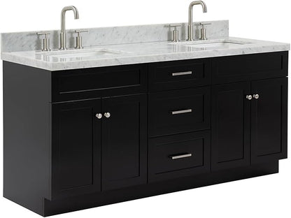 ARIEL Hamlet 72-inch Bathroom Vanity with Sink,Solid Wood, 1.5-inch Italian Carrara Marble Countertop, Double Rectangular Porcelain Sink, 4 Soft Closing Doors, 3 Dovetail Drawers, Black