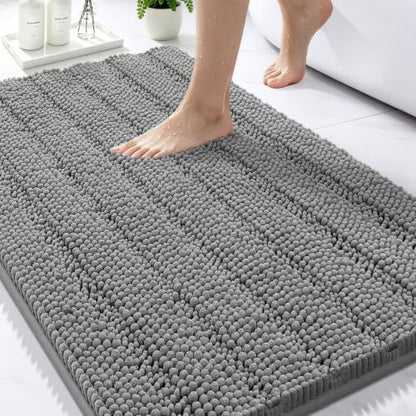 Bcoimo Bath Rug Mat,36x24 Chenille Non Slip Gray Bathroom Floor Shower Mats