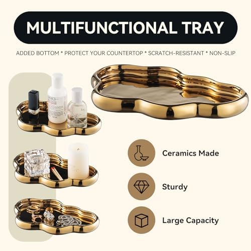 Gold Bathroom Accessory Set, 3-Piece Gold Ceramic Bath Accessories Set with Tray, Lotion Dispenser, and Tumbler for Luxurious Bathroom Decor