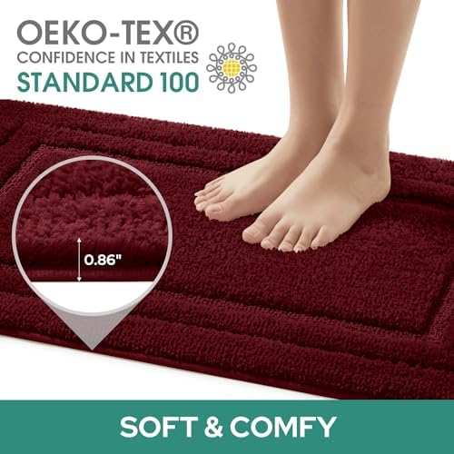 HOMEIDEAS Bathroom Rugs Sets 2 Piece, Super Soft and Absorbent Non Slip Microfiber U-Shaped Toilet Bath Mat Set (20"x32"+U20 x24, Burgundy Red)