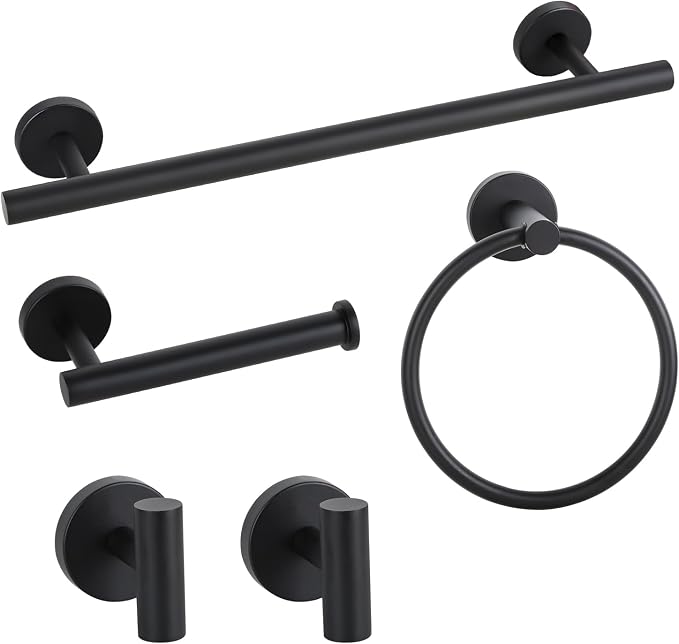 Matte Black Bathroom Hardware Accessories Towel Bar Set 5 Pieces | Stainless Steel Black Towel Rack Set Including 16in Towel Bar Wall Mounted, Toilet Paper Holders, Towel Rings, Towel Hooks