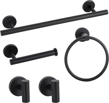 Matte Black Bathroom Hardware Accessories Towel Bar Set 5 Pieces | Stainless Steel Black Towel Rack Set Including 16in Towel Bar Wall Mounted, Toilet Paper Holders, Towel Rings, Towel Hooks