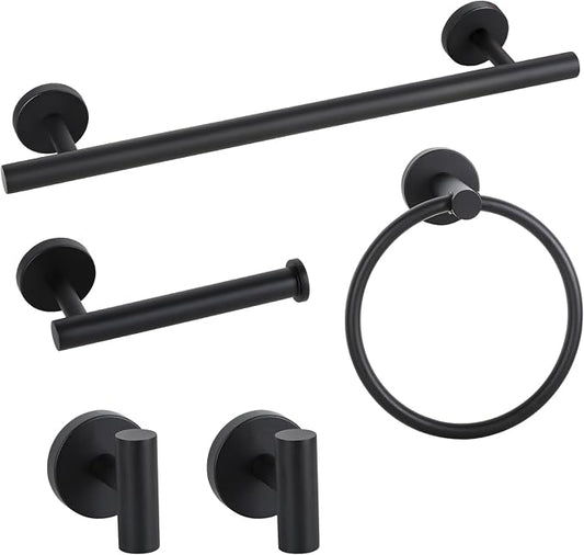 Matte Black Bathroom Hardware Accessories Towel Bar Set 5 Pieces | Stainless Steel Black Towel Rack Set Including 16in Towel Bar Wall Mounted, Toilet Paper Holders, Towel Rings, Towel Hooks