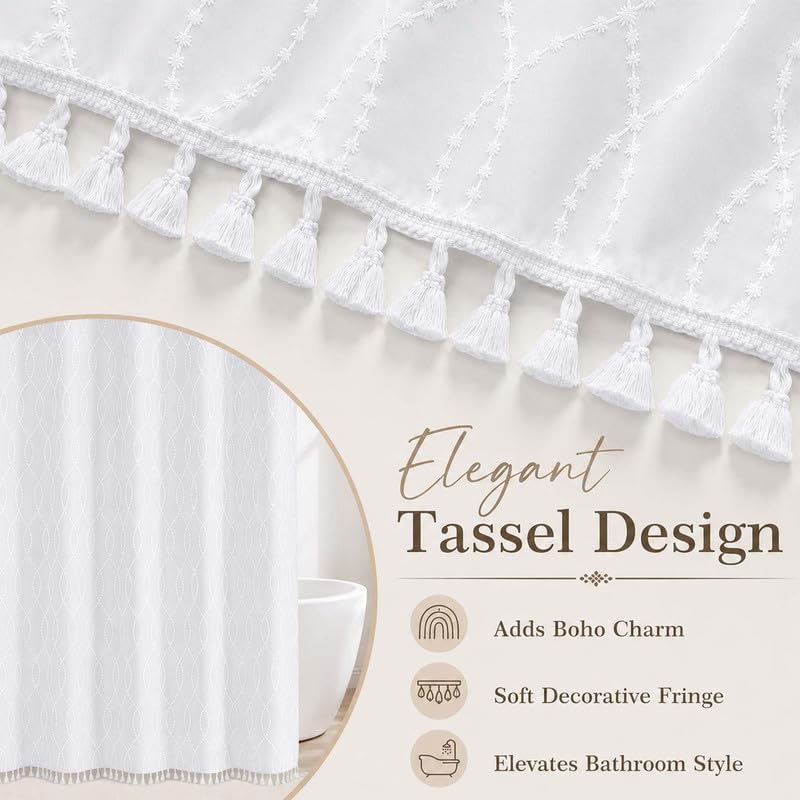 OVZME White Stall Shower Curtain for Bathroom, Puff Printed Textured Shower Curtain with Tassels, Geometry Heavy Duty Vintage Country Narrow Bathroom Curtain, Water Resistant Fabric, 36Wx72L