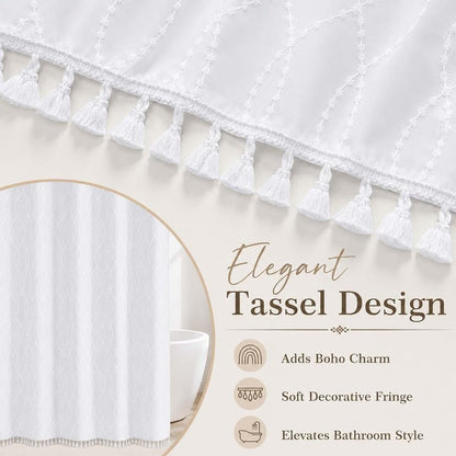 OVZME White Stall Shower Curtain for Bathroom, Puff Printed Textured Shower Curtain with Tassels, Geometry Heavy Duty Vintage Country Narrow Bathroom Curtain, Water Resistant Fabric, 36Wx72L