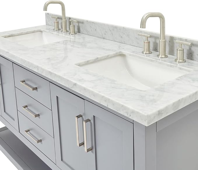 ARIEL Magnolia 60-inch Bathroom Vanity with Sink,Solid Wood, 1.5-inch Italian Carrara Marble Countertop, Double Rectangular Porcelain Sink, 4 Soft Closing Doors, 3 Dovetail Drawers, Grey