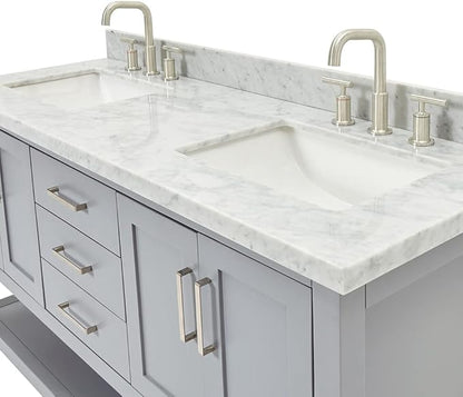 ARIEL Magnolia 60-inch Bathroom Vanity with Sink,Solid Wood, 1.5-inch Italian Carrara Marble Countertop, Double Rectangular Porcelain Sink, 4 Soft Closing Doors, 3 Dovetail Drawers, Grey