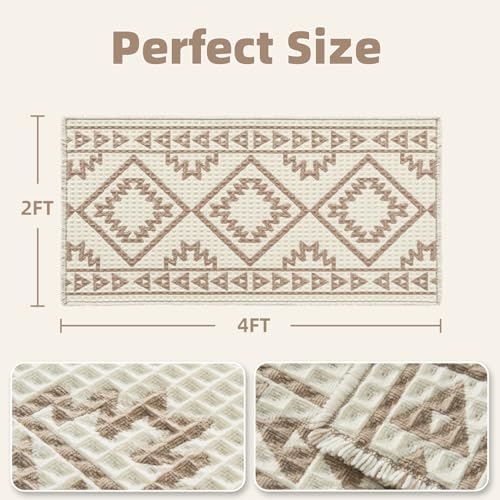 PADOOR-Waffle Bathroom Runner 24"x48", Super Absorbent Bath Mats for Bathroom, Machine Washable Non Slip Bath Rug with Tassels, Soft Bath Mat for Laundry Room, Bedroom, Cream & Brown, 2'x 4'