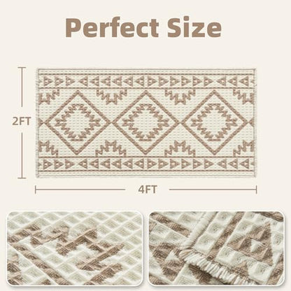 PADOOR-Waffle Bathroom Runner 24"x48", Super Absorbent Bath Mats for Bathroom, Machine Washable Non Slip Bath Rug with Tassels, Soft Bath Mat for Laundry Room, Bedroom, Cream & Brown, 2'x 4'