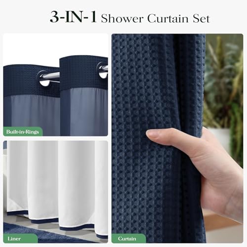 Dynamene Navy Blue Hook Free Waffle Shower Curtain & Snap-in Liner,60x75