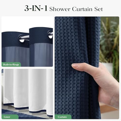 Dynamene Navy Blue Hook Free Waffle Shower Curtain & Snap-in Liner,60x75