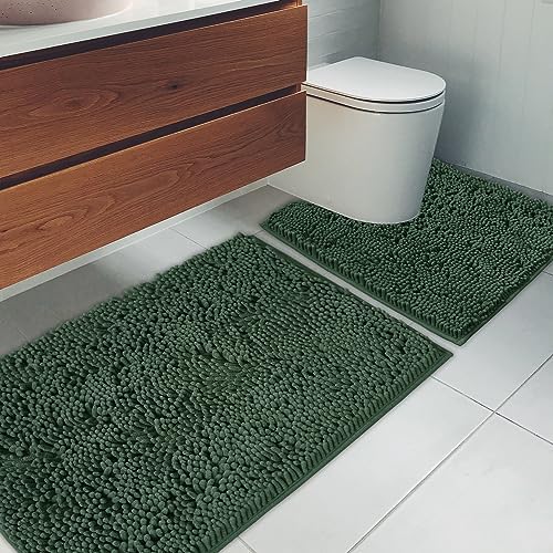 Bathroom Rugs Chenille Bath mat 2 Piece Set, Super Absorbent, Strong PVC Non Slip Backing, Bath mats for Bathroom, Plush Shaggy, Thick, Machine Washable, Bathtub, Toilet.(Bronze Green)