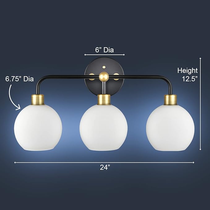 Lukasa Modern Bathroom Vanity Lights Fixtures 3-Lights Over Mirror Lighting Matte Black and Gold Vanity Lights for Bathroom Light Fixtures Frosted Glass Covers, UL Listed