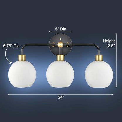 Lukasa Modern Bathroom Vanity Lights Fixtures 3-Lights Over Mirror Lighting Matte Black and Gold Vanity Lights for Bathroom Light Fixtures Frosted Glass Covers, UL Listed