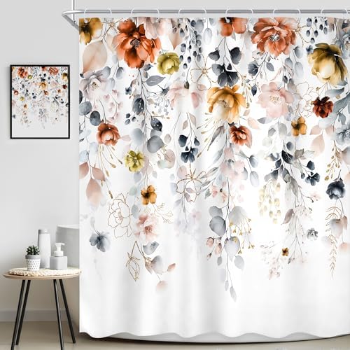 Yellow Orange Floral Pastel Watercolor Rustic Bathroom Shower Curtain Set