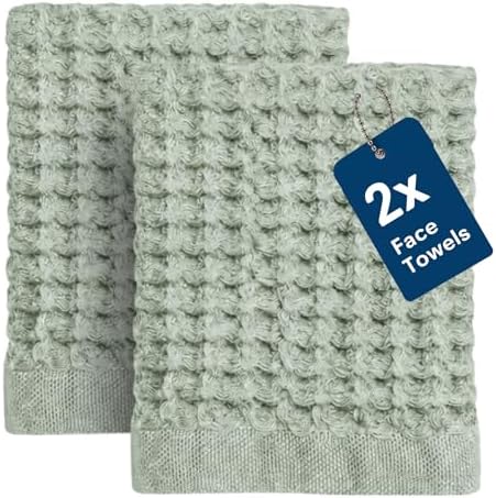 ONSEN Supima® Waffle Face Towels, Quick Dry Lint Free 100% USA Cotton, Lightweight Absorbent Face Towel Set, 12x12 in (Sage Green, Face Towel 2-Pack)