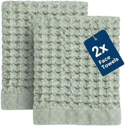 ONSEN Supima® Waffle Face Towels, Quick Dry Lint Free 100% USA Cotton, Lightweight Absorbent Face Towel Set, 12x12 in (Sage Green, Face Towel 2-Pack)