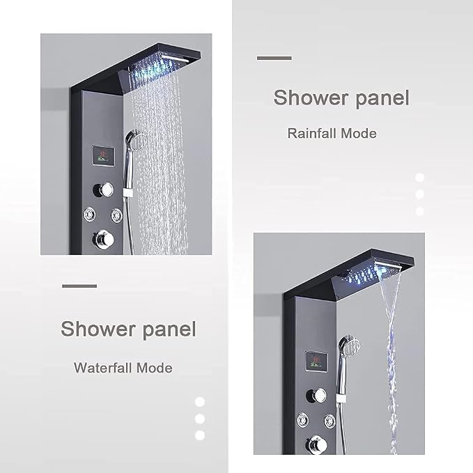 FUZ Contemporary Shower Panel Tower System Stainless Steel 6-Function Faucet LED Rainfall Waterfall Shower Head + Handheld Sprayer + Rain Massage Body Jets + Tub Spout, Black.