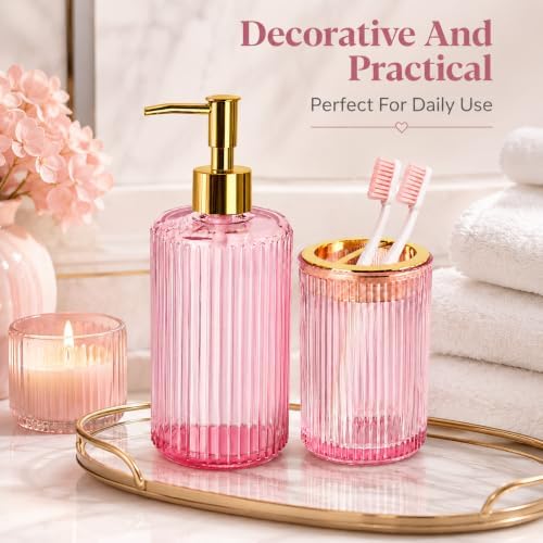 Pink Glass Bathroom Accessories Set, Soap Dispenser and Toothbrush Holder