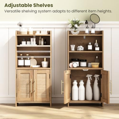 Small Bathroom Storage Cabinet with 2 Doors & Shelf,Rattan Natural