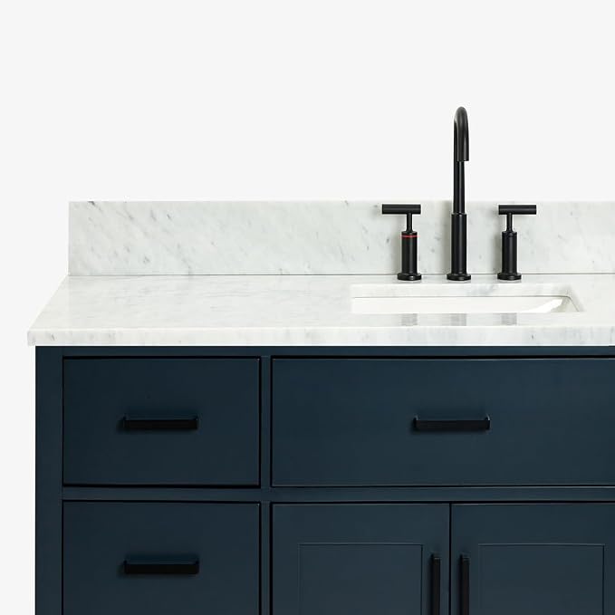 ARIEL Hepburn 60-inch Bathroom Vanity with Sink,Solid Wood, 0.75-inch Italian Carrara Marble Countertop, Single Rectangular Porcelain Sink, 2 Soft Closing Doors, 9 Dovetail Drawers, Midnight Blue
