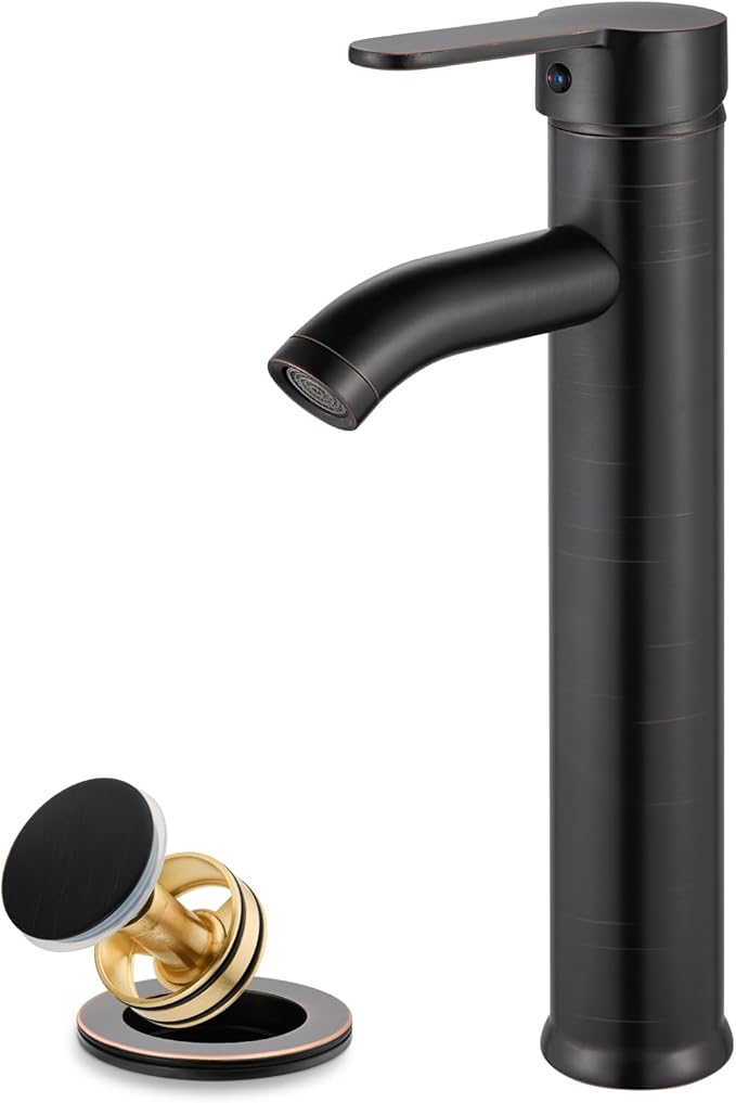 gotonovo Vessel Sink Faucet Modern Tall Bathroom Faucet Single Handle One Hole Stainless Steel Vanity Lavatory Rv Bowl Basin Mixer Tap with Supply Lines and Metal Pop Up Drain, Oil Rubbed Bronze