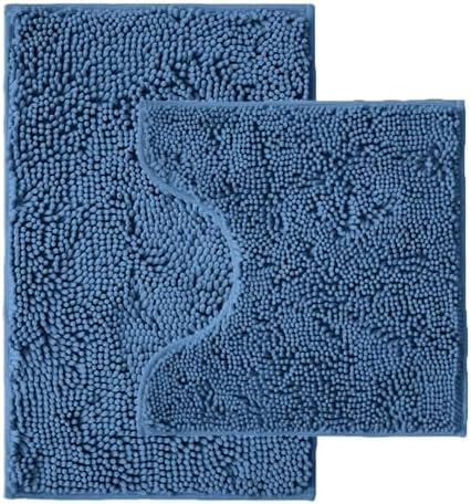 Bathroom Rugs Sets 2 Piece,Super Absorbent Chenille Bath Mats and U-Shaped Toilet Rug,Strong PVC Non Slip Backing,Microfiber Washable Dry Quickly Bath Mats for Bathroom(20"x32"+20"x20"U, Medium Blue)