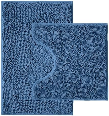 Bathroom Rugs Sets 2 Piece,Super Absorbent Chenille Bath Mats and U-Shaped Toilet Rug,Strong PVC Non Slip Backing,Microfiber Washable Dry Quickly Bath Mats for Bathroom(20"x32"+20"x20"U, Medium Blue)
