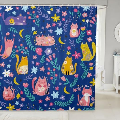 Feelyou Kids Funny Cats Shower Curtain Girls Cute Flower Cartoon Kitty Kitten Bathroom Waterproof Accessories with 12 Hooks 72x72 Inches Animal Theme Girly Kawaii Room Blue Decor
