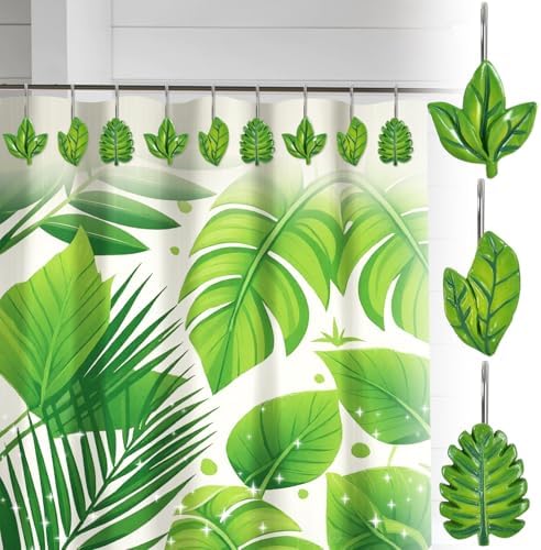 12-Piece Green Leaves Leaf Shower Curtain Hooks for Bathroom