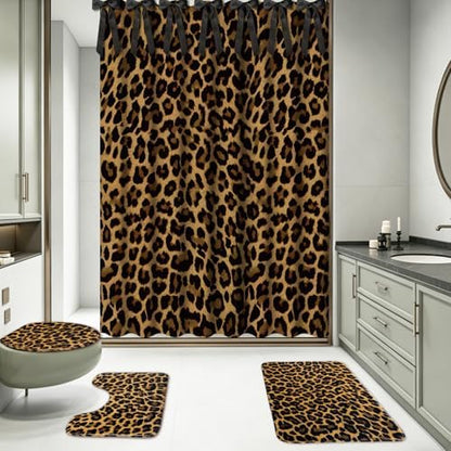 AnyDesign 28 Pcs Leopard Shower Curtain Set with Non-Slip Bath Mat U-Shaped Rug Toilet Lid Cover Cheetah Print Shower Curtain with Hooks and Black Ribbons for Bathroom Accessories & Decor
