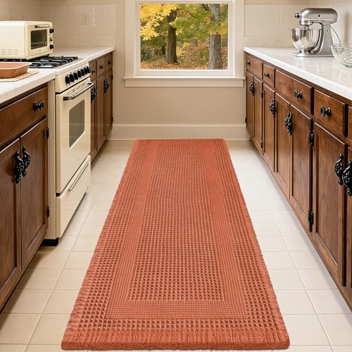 Upgrade Waffle Bath Mat Set 2 Piece, Boho Bathroom Rugs Absorbent Non Slip, Ultra Soft Bathroom Mat, Machine Washable Knit Bath Rugs with Tassels for Bathroom, Bedroom, Kitchen, Shower, Burnt Orange
