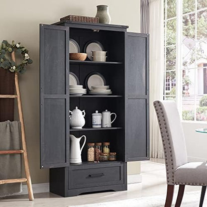 Farmhouse Kitchen Pantry Cabinet - 72" Tall Wood Kitchen Storage Cabinets with Adjustable Shelves & 2 Barn Doors & Drawer, Versatile Storage for Dining Room, Bathroom, Utility Room, Antique Black