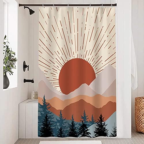 Stall Shower Curtain, Mid Century Boho Sunrise Small Shower Curtain Waterproof Abstract Terracotta Mountain Forest Narrow Shower Curtain Set with Hooks, 48x72 Inch