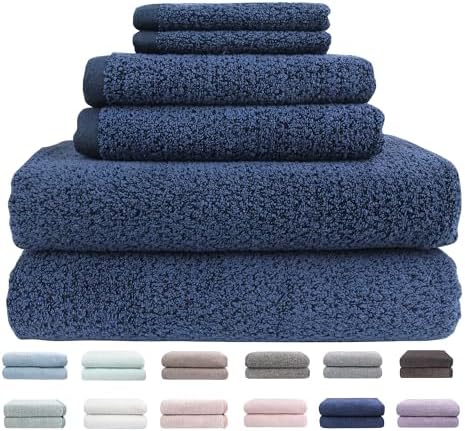 Everplush Diamond Jacquard 6 Pieces Bath Towel Set, Luxury Super Soft Oversized Towels, Highly Absorbent Diamond Jacquard Quick Dry Bath Towel for Bathroom Navy Blue Towel Set