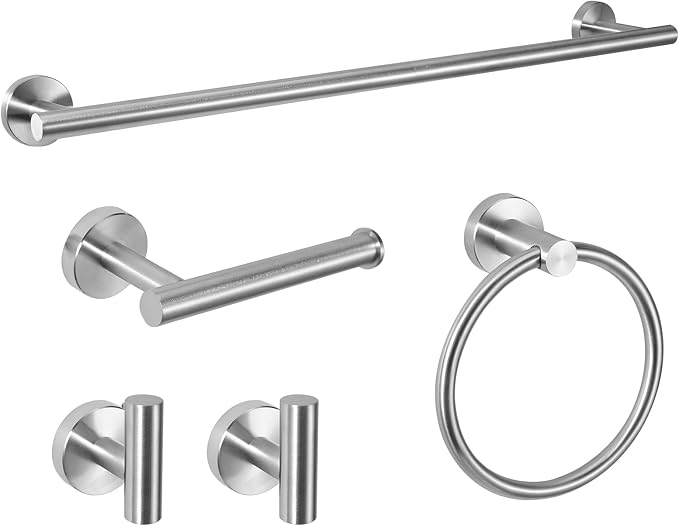 5 Piece Modern Style Wall Mounted Bathroom Hardware Set | #304 Stainless Steel, 24" Towel Bar Mount, Towel Rings, L Shape Toilet Paper Holder, Bathrobe Hook (Brushed Nickel)