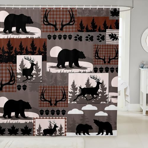 Rustic Plaid Shower Curtains Lodge Cabin Bear Bathroom Curtain for Kids Women Men Country Elk Moose Bathroom Accessories Woodland Grey Brown Waterproof Polyester Fabric for Stalls Bathtubs 72"x72"