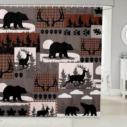 Rustic Plaid Shower Curtains Lodge Cabin Bear Bathroom Curtain for Kids Women Men Country Elk Moose Bathroom Accessories Woodland Grey Brown Waterproof Polyester Fabric for Stalls Bathtubs 72"x84"
