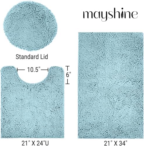 Standard 3pc Set Chenille Bath Mats, Includes 21"x24" U-Shaped Contour Toilet Rug, 21"x34" Inches Bathmat and 1 Toilet Lid Cover, Plush Absorbent Bath Mats Quick Dry, Spa Blue