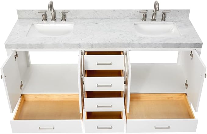 ARIEL Cambridge 72-inch Bathroom Vanity with Sink,Solid Wood, 2-inch Italian Carrara Marble Countertop, Double Rectangular Porcelain Sink, 4 Soft Closing Doors, 6 Dovetail Drawers, White