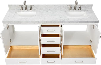 ARIEL Cambridge 72-inch Bathroom Vanity with Sink,Solid Wood, 2-inch Italian Carrara Marble Countertop, Double Rectangular Porcelain Sink, 4 Soft Closing Doors, 6 Dovetail Drawers, White