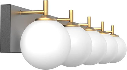 Aipsun Mid Century Modern Bathroom Vanity Light Over Mirror 5 Lights Milky White Globe Glass Black/Golden Bathroom Light Fixture(Exclude Bulb)