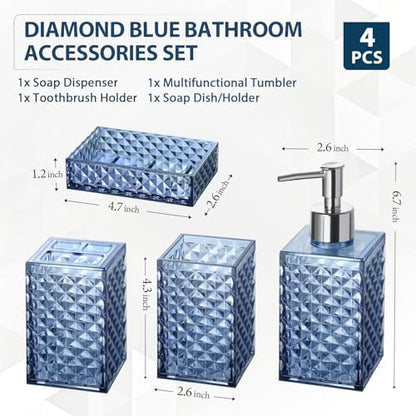 RYTOXILO Bathroom Accessories Set, 4 Pack Blue Acrylic Bath Accessory Sets Complete, Diamond Soap Dispenser and Toothbrush Holder Bathroom Counter Sink Set, Boho Modern Bathroom Decor