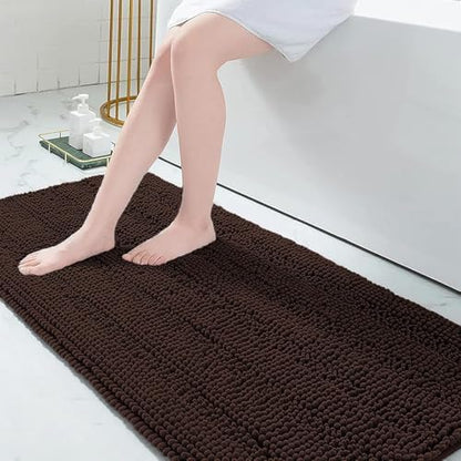 Grandaily Chenille Striped Bathroom Rugs 70x24, Extra Thick and Absorbent Bath Mats, Non-Slip Soft Plush Shaggy Shower Carpet, Machine Wash Dry, Bath Rug for Bathroom, Brown