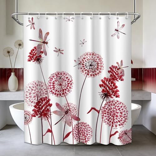 Red Dandelion Shower Curtain Spring Dragonfly Coral Red and White Watercolor Shower Curtains for Bathroom Decor, Waterproof Cloth Fabric with Hooks 70" Wx72 L